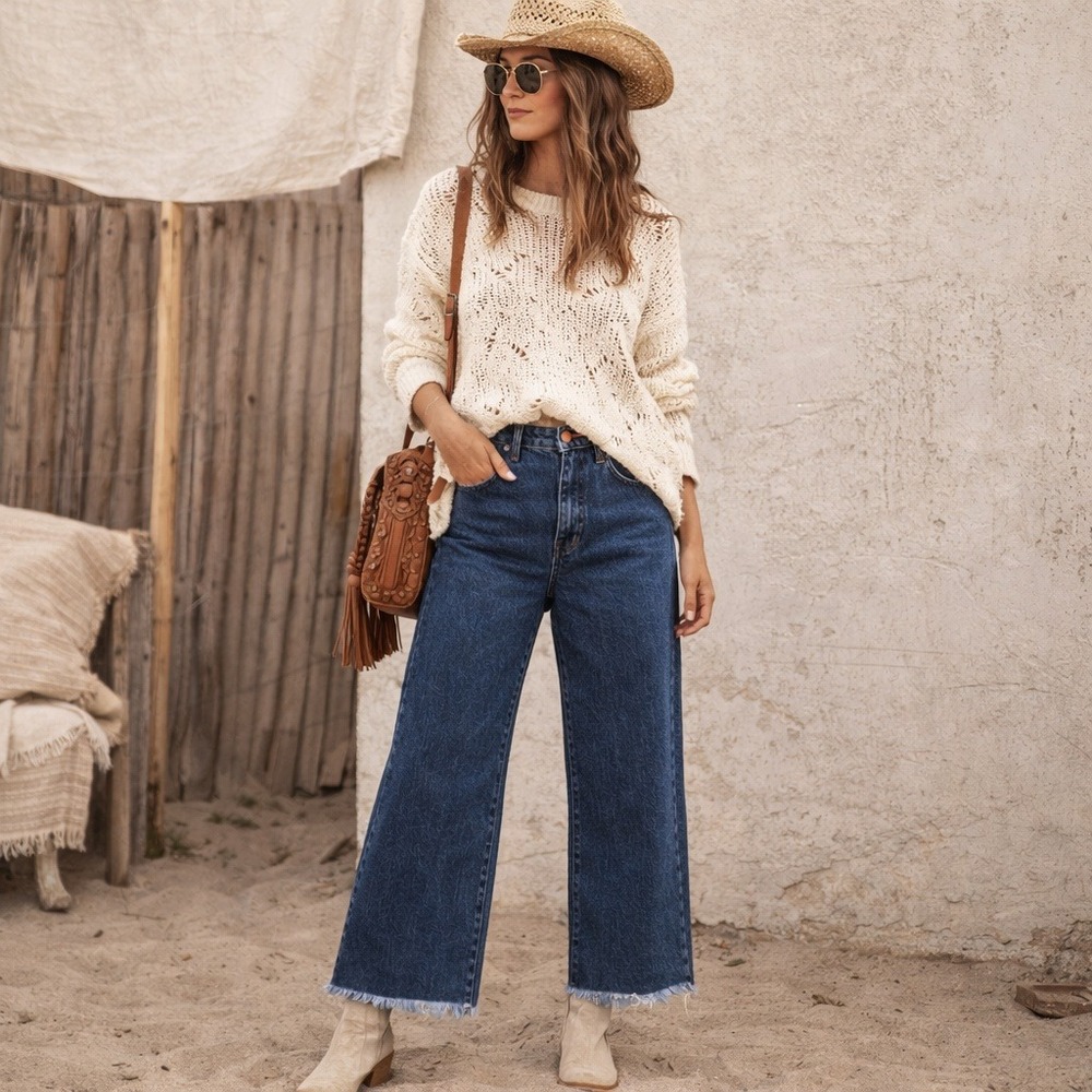 Pilcro Anthropologie High Rise Wide Leg Jeans 32 Raw Hem Crop Denim Boho Indie